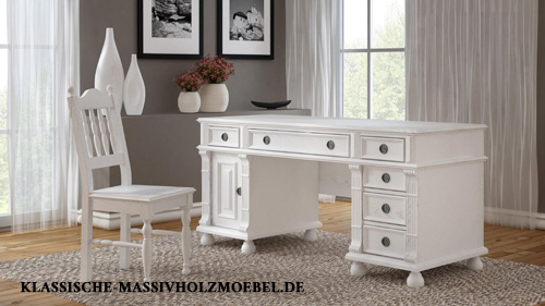 Weißer Schreibtisch im Landhausstil aus massivem Kiefernholz Weißer Schreibtisch im Landhausstil