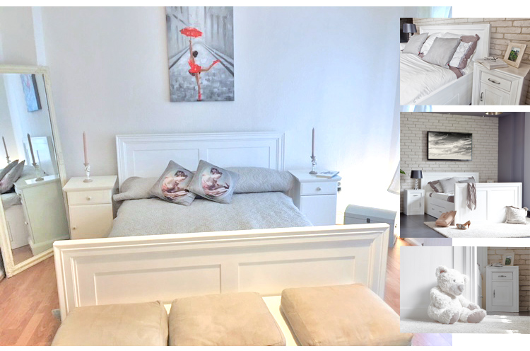 Weiss und Holz Moebel im Schlafzimmer