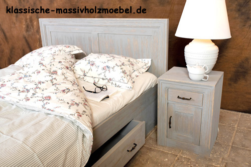 Doppelbett 140x200 cm mit Schubladen in Grau mit Wischeffekt Shabby Chic Stil gebürstet
