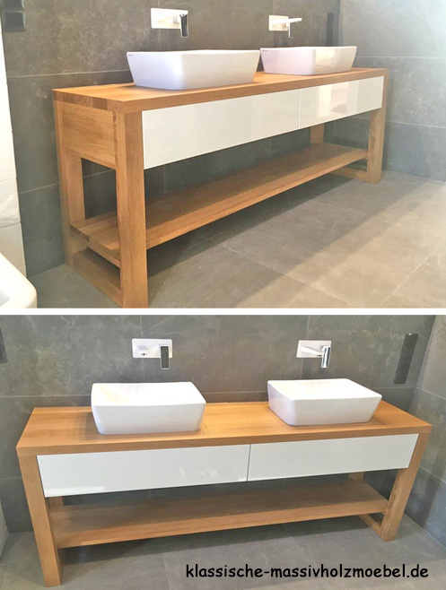 Doppelwaschtisch aus Eiche und Dekorplatte in Weiß