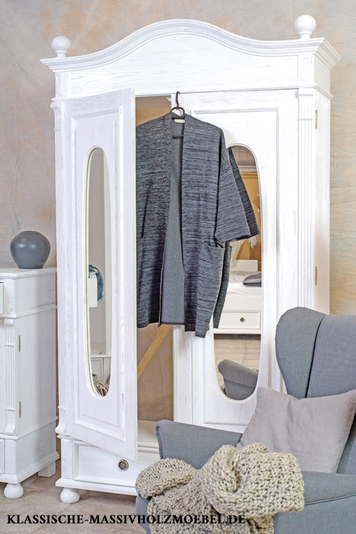 zweituriger-Holz-Schrank-mit-Spiegel-Schubladen-massiv-Kiefer-Weiss-Landhaus zweituriger-Holz-Schrank-mit-Spiegel-Schubladen-massiv-Kiefer-Weiss-Landhaus