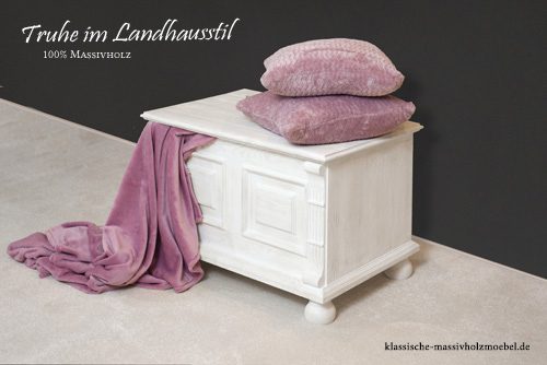 Landhaus Truhe aus 100% Holz - antik weiß shabby chic gebürstet Truhe im Landhausstil - rustikal shabby chic gebürstet weiß