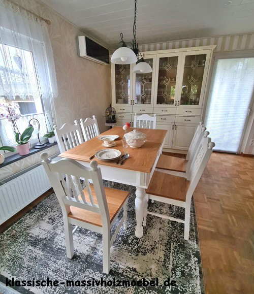 Esszimmer Möbel - Stühle und Ausziehtisch - Weiß-Braun - Eiche massiv